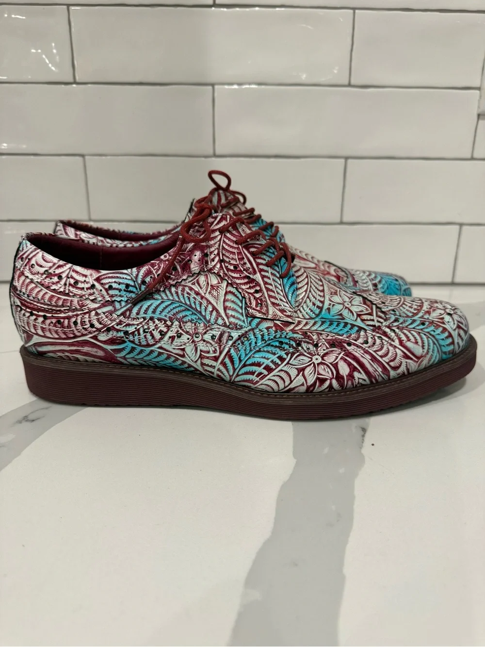 Patterned Lace-Up Oxfords in Teal and Burgundy
